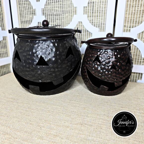 Set of (2) Pumpkin Jack O' Lantern Bronze Hammered Pails/Cauldrons with Handles - Picture 1 of 13